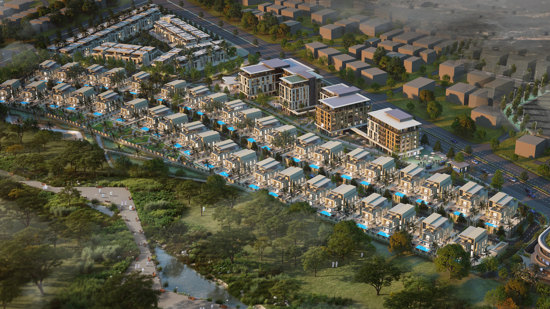Aerial render of Sarooj Oasis by Sarooj Development in Sultan Haitham City