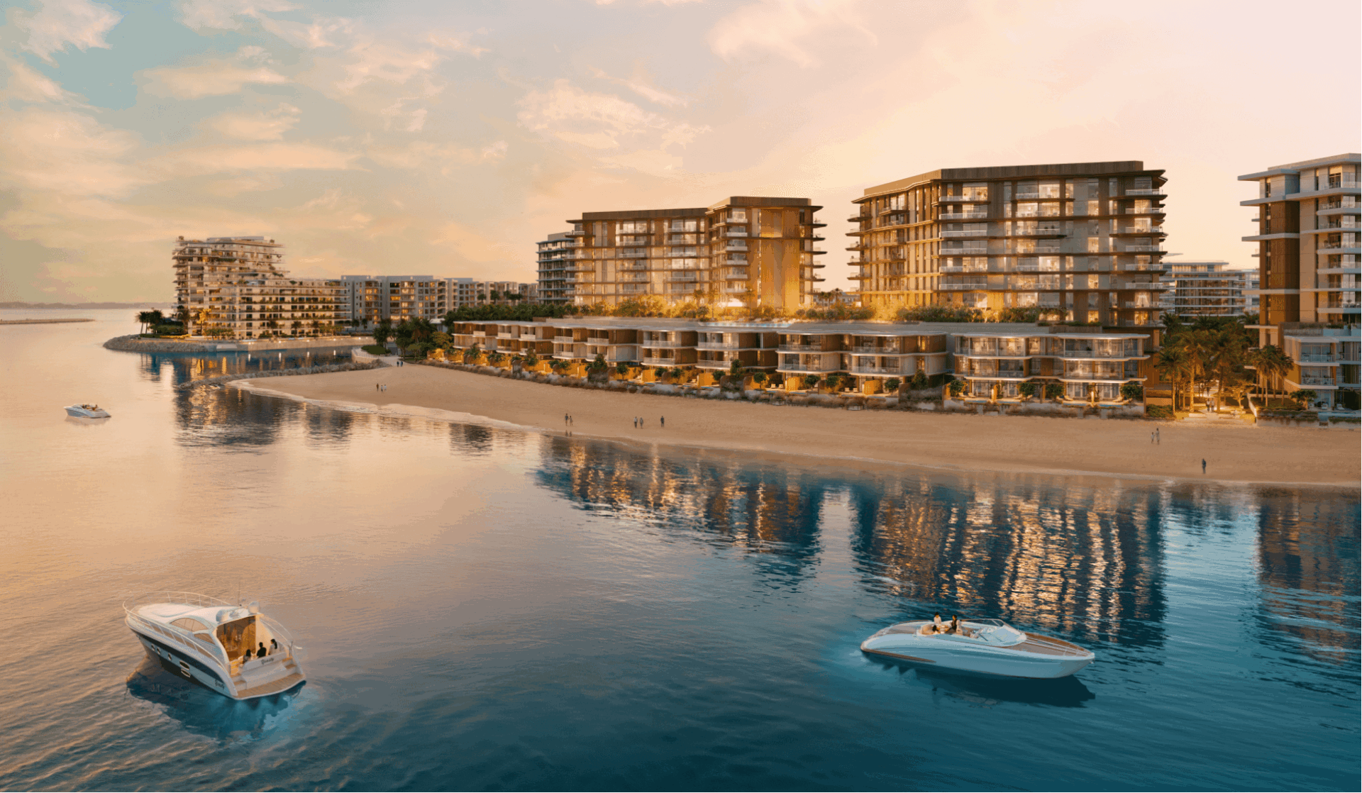 Al Mouj Muscat marina with Azura Beach Residences, aerial render