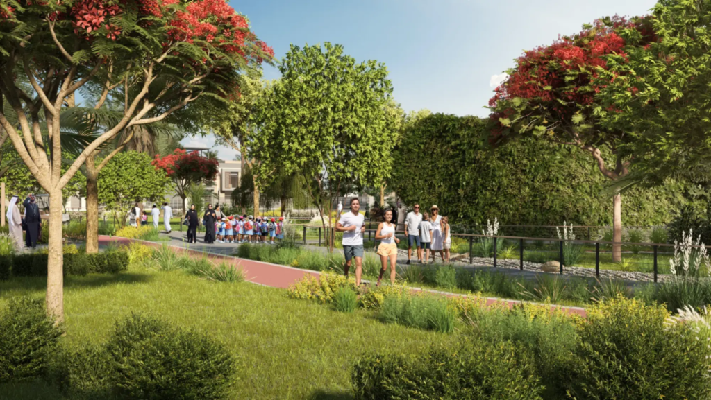 Planted pedestrian promenade of the Green Spine at The Sustainable City – Yiti