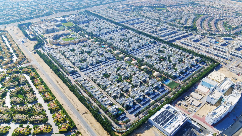 Aerial photo of the solar-roofed clusters of The Sustainable City Dubai
