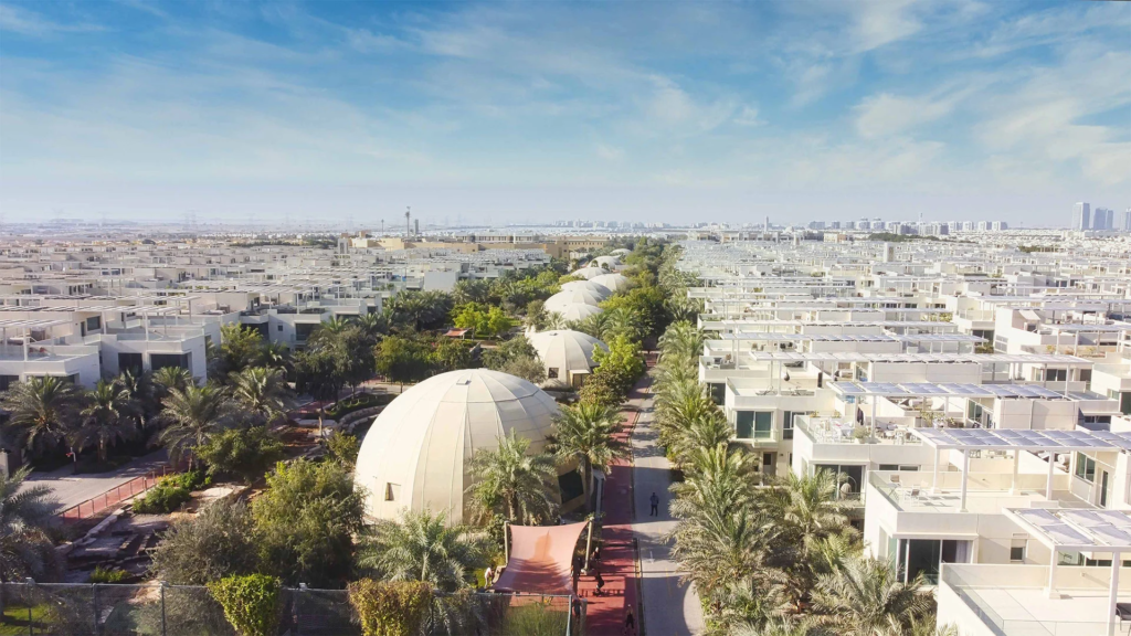 Aerial photo of The Sustainable City in Dubai with its biodomes