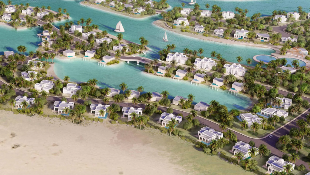 Aerial render of Amazi Beach villas and lagoons at Hawana Salalah