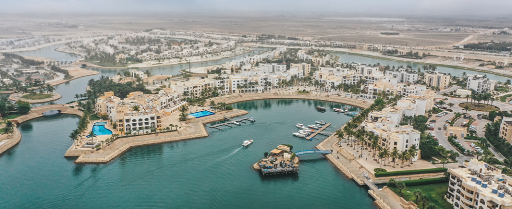 Aerial view of Hawana Salalah marina and waterways