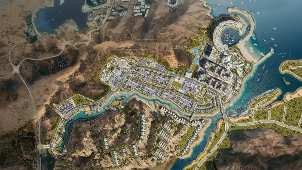 Aerial view of the whole Yiti master plan between the mountains and the sea