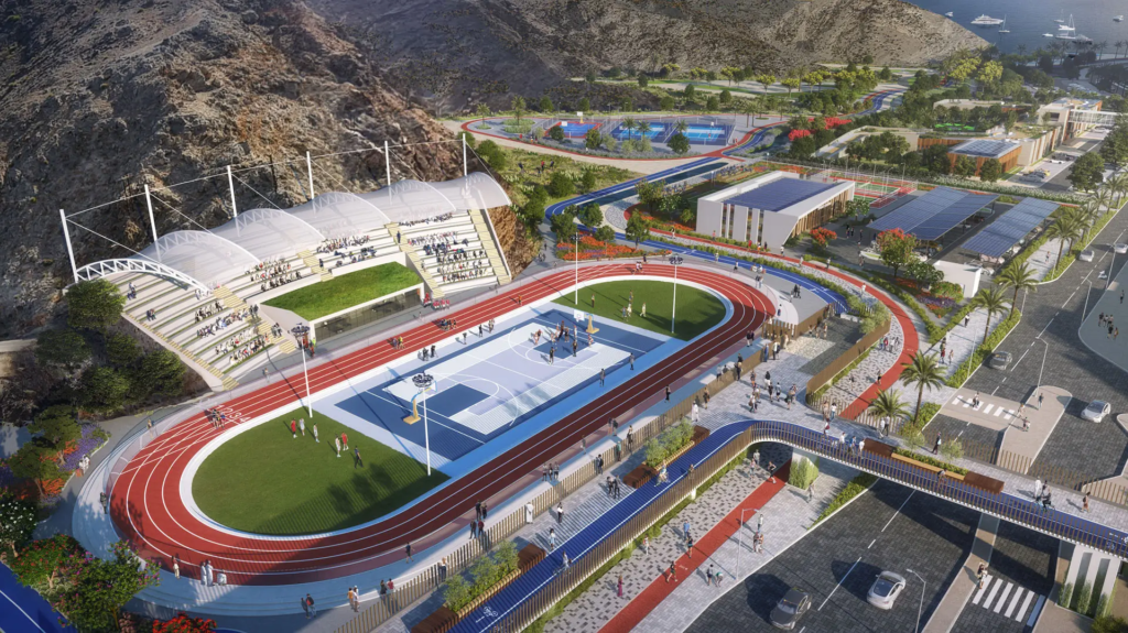 Aerial render of the sports complex at The Sustainable City – Yiti