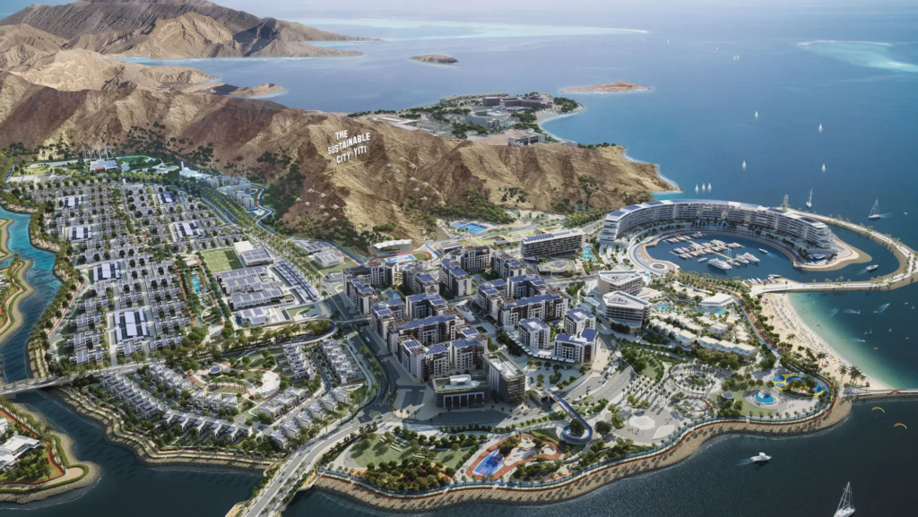 Aerial render of The Sustainable City – Yiti on the coast south of Muscat