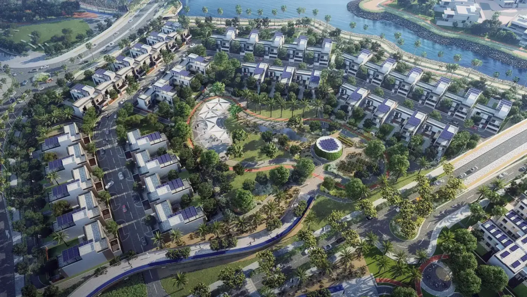 Aerial render of the Sustainable District villas at Yiti